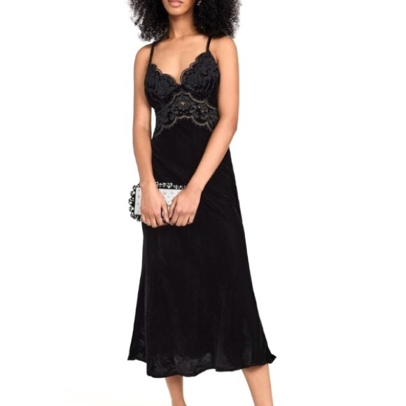 NEW FARM Rio Black Richelieu Velvet Slip Dress Adjustable Straps Lace Size XL - Picture 5 of 16